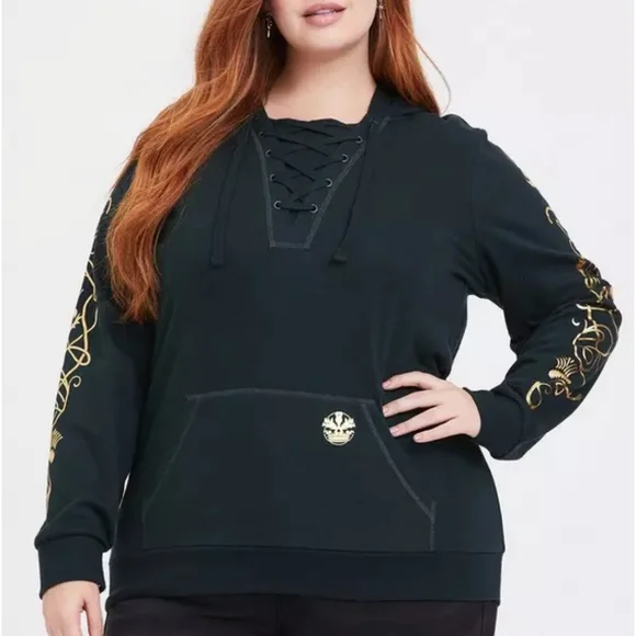 Plus Lace-Up Black Hoodie with Gold Sleeve Detail - Women - Picture 1 of 9